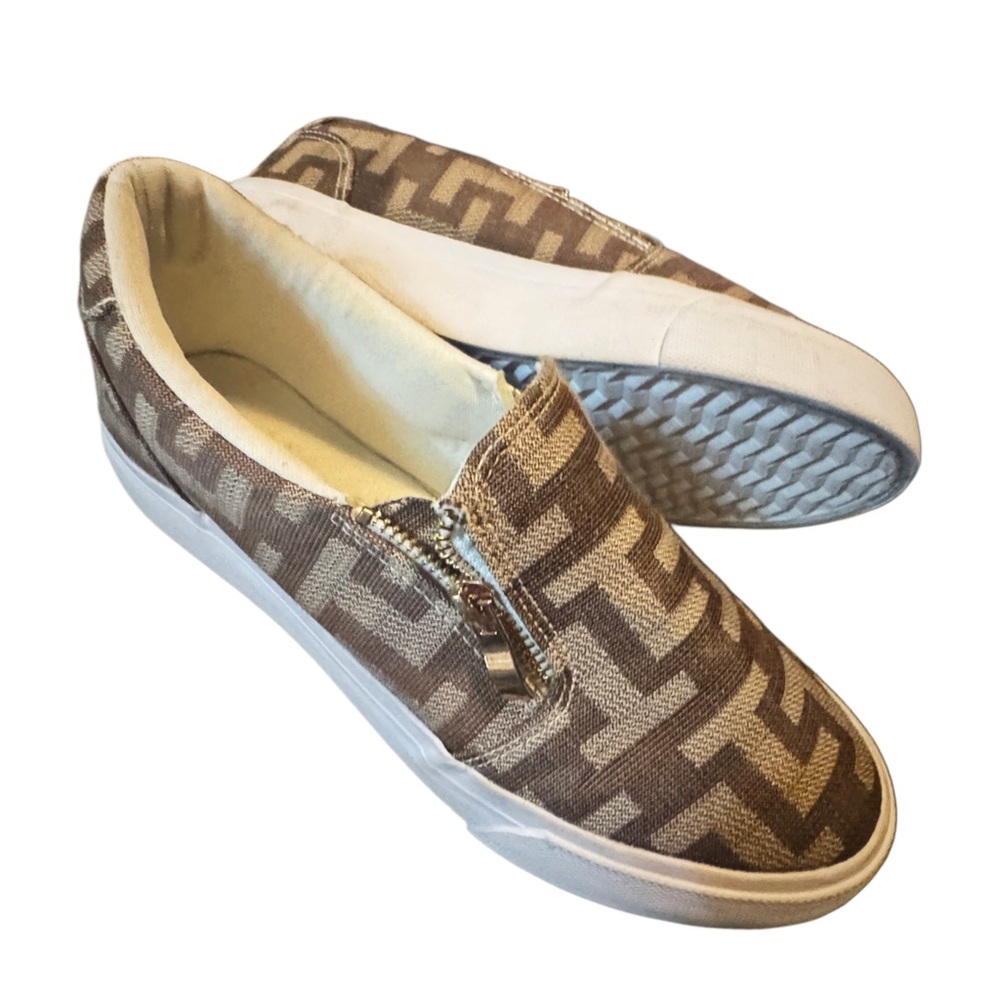 Show Dazzle- Beige Monogram Slip-On Sneakers w/ Side Zip Detail
